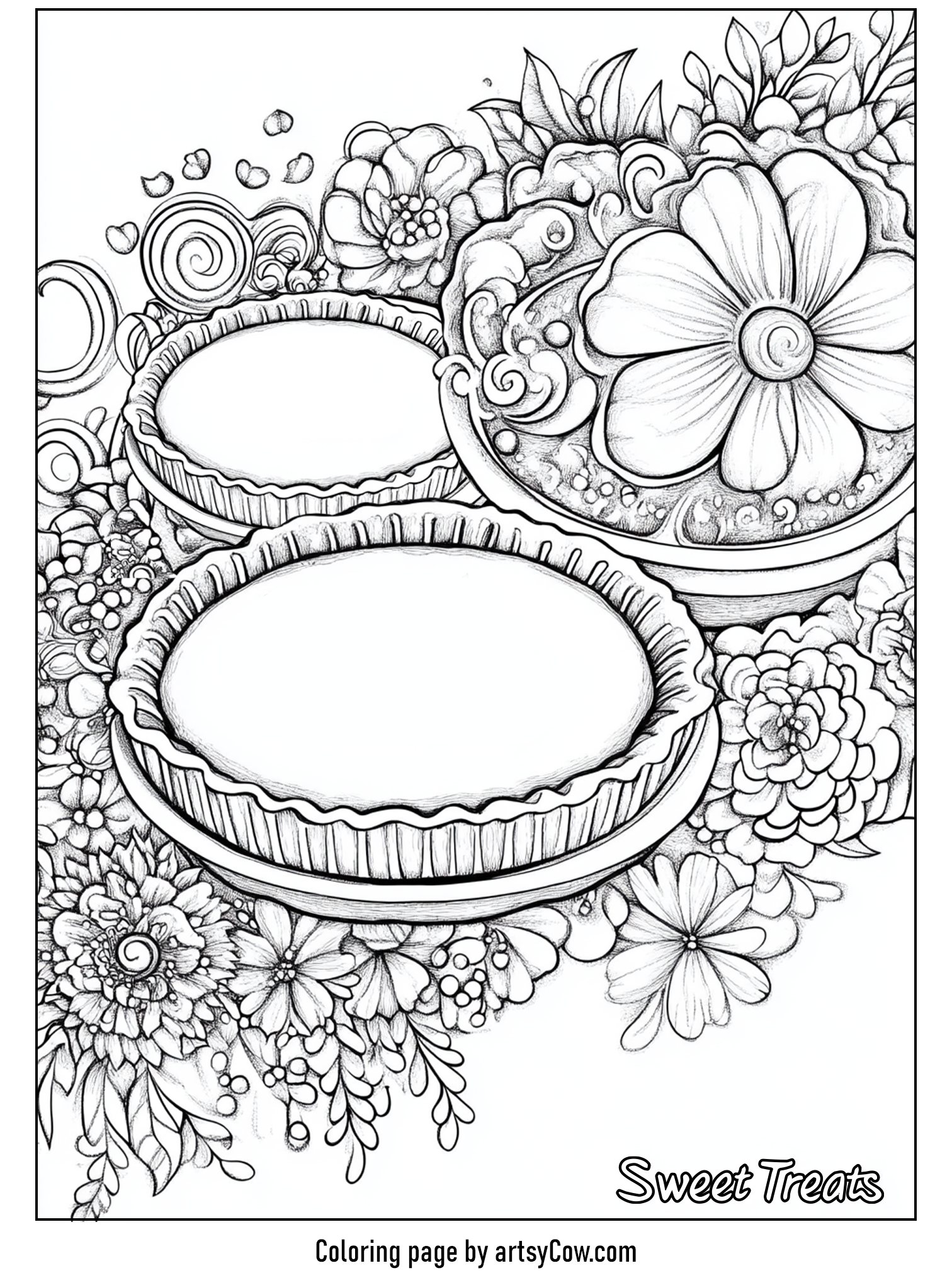 Thanksgiving coloring pages for adults featuring intricately decorated pies surrounded by ornate floral designs and the words 'Sweet Treats'.